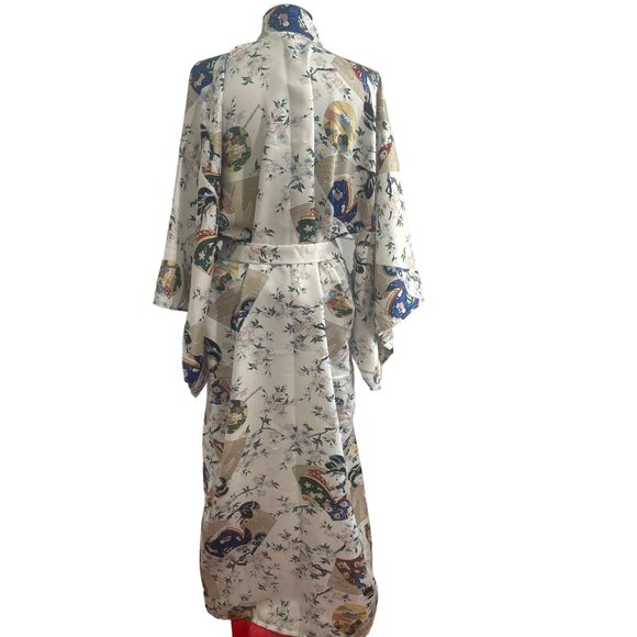 Jade Brand, White Floral Print/Geisha Design Long Polyester Kimono - Picture 4 of 11